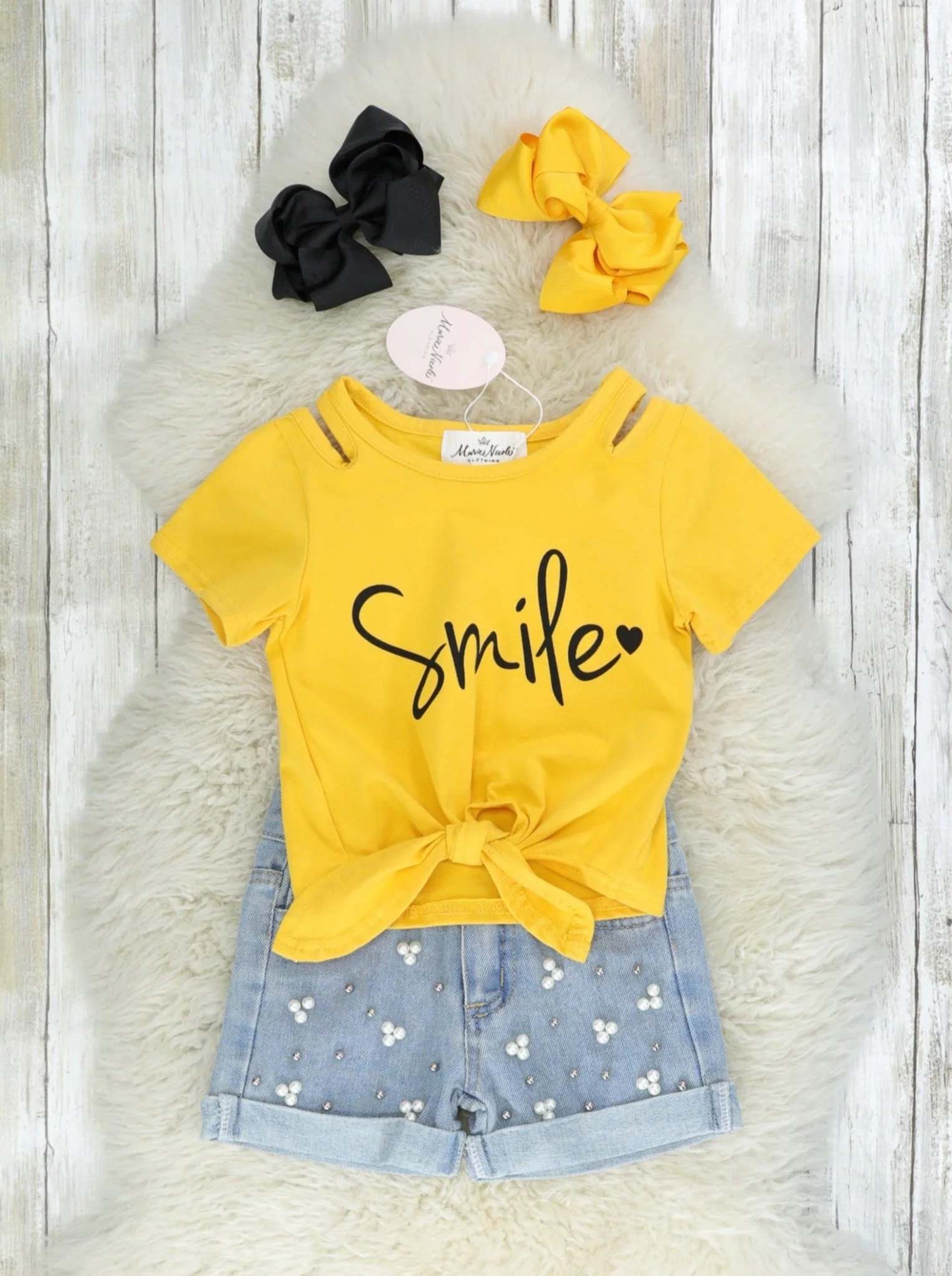 Yellow "Smile" Tie Top & Denim Shorts Outfit