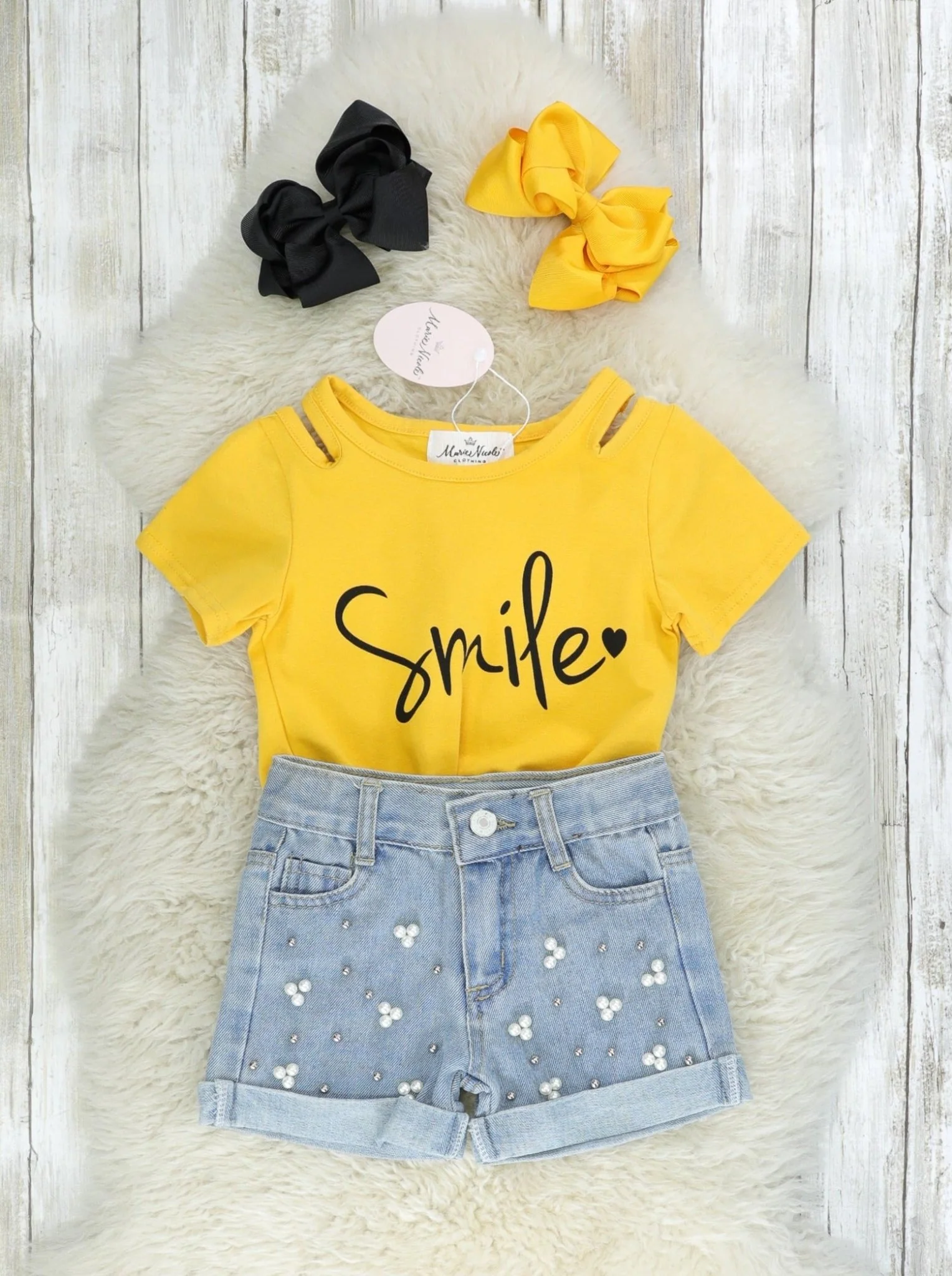 Yellow "Smile" Tie Top & Denim Shorts Outfit - Image 3