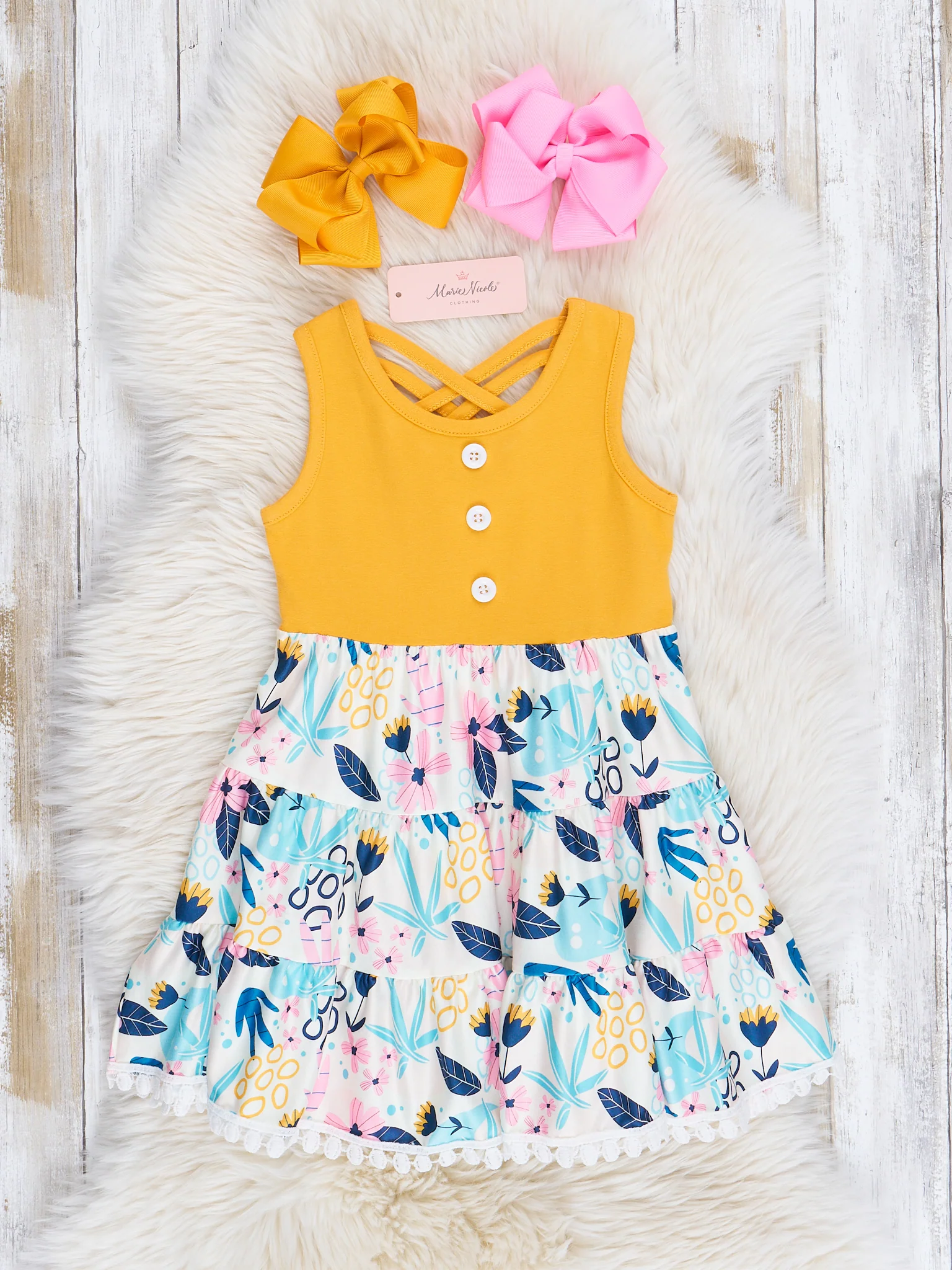 Yellow Tropical Bloom Doodles Ruffle Dress