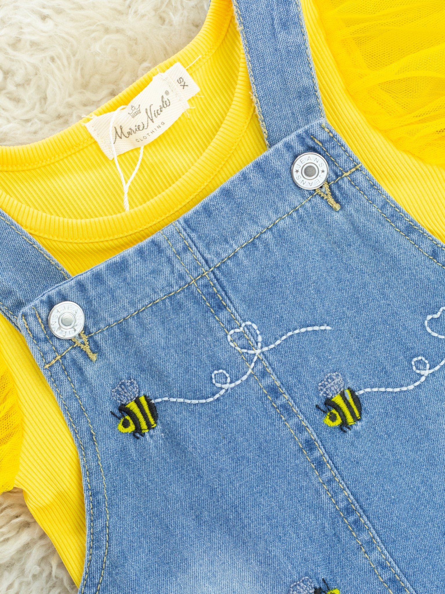 Yellow Tulle Top & Denim Bee Overall Set - Image 4