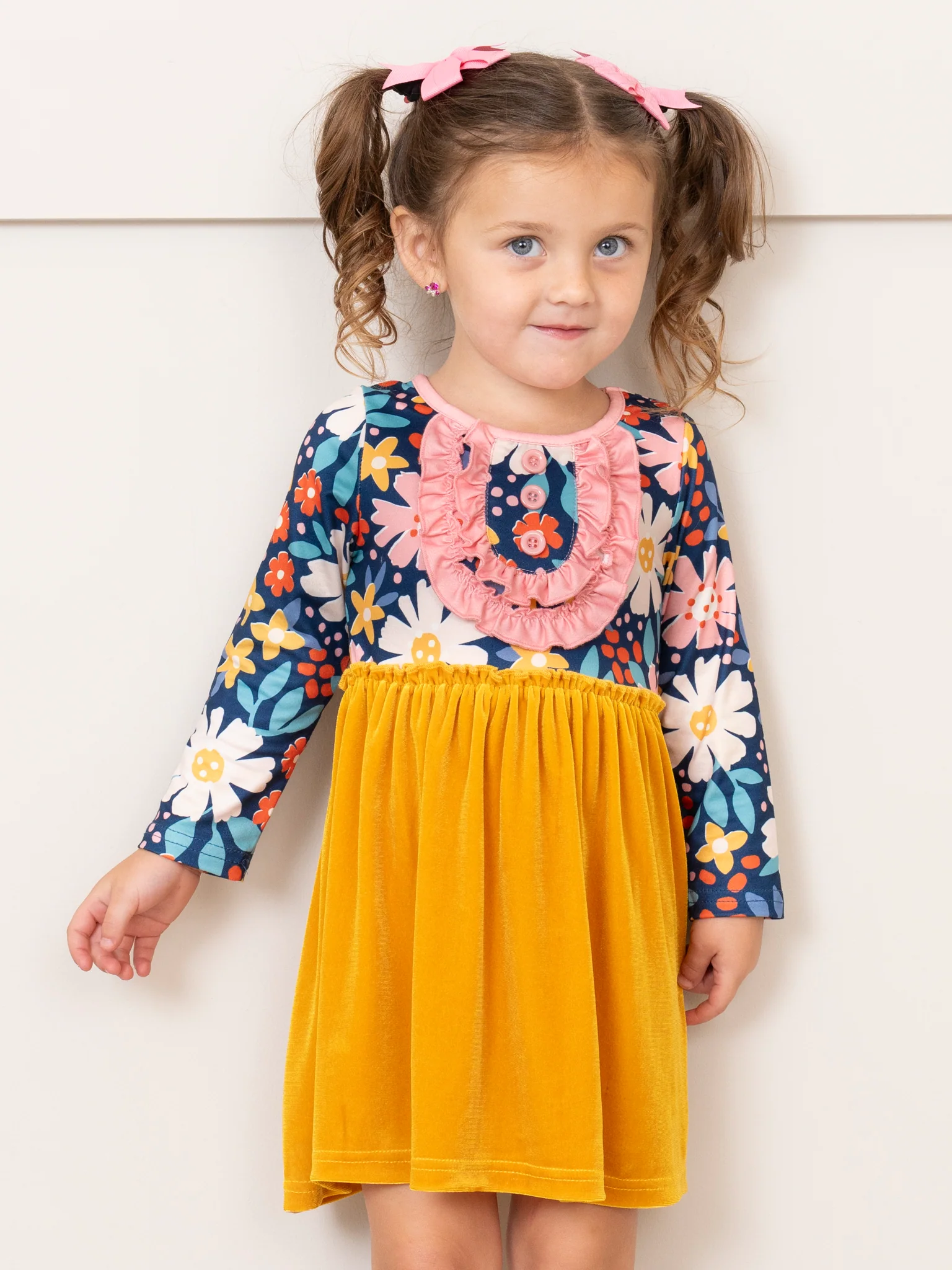 Yellow Velvet & Pink Floral Ruffle Dress