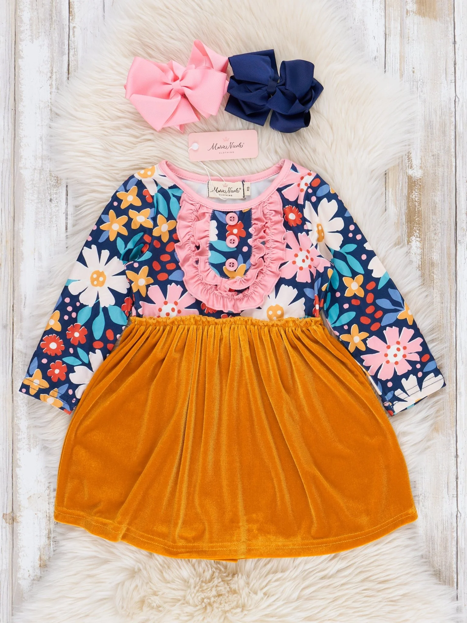 Yellow Velvet & Pink Floral Ruffle Dress - Image 2