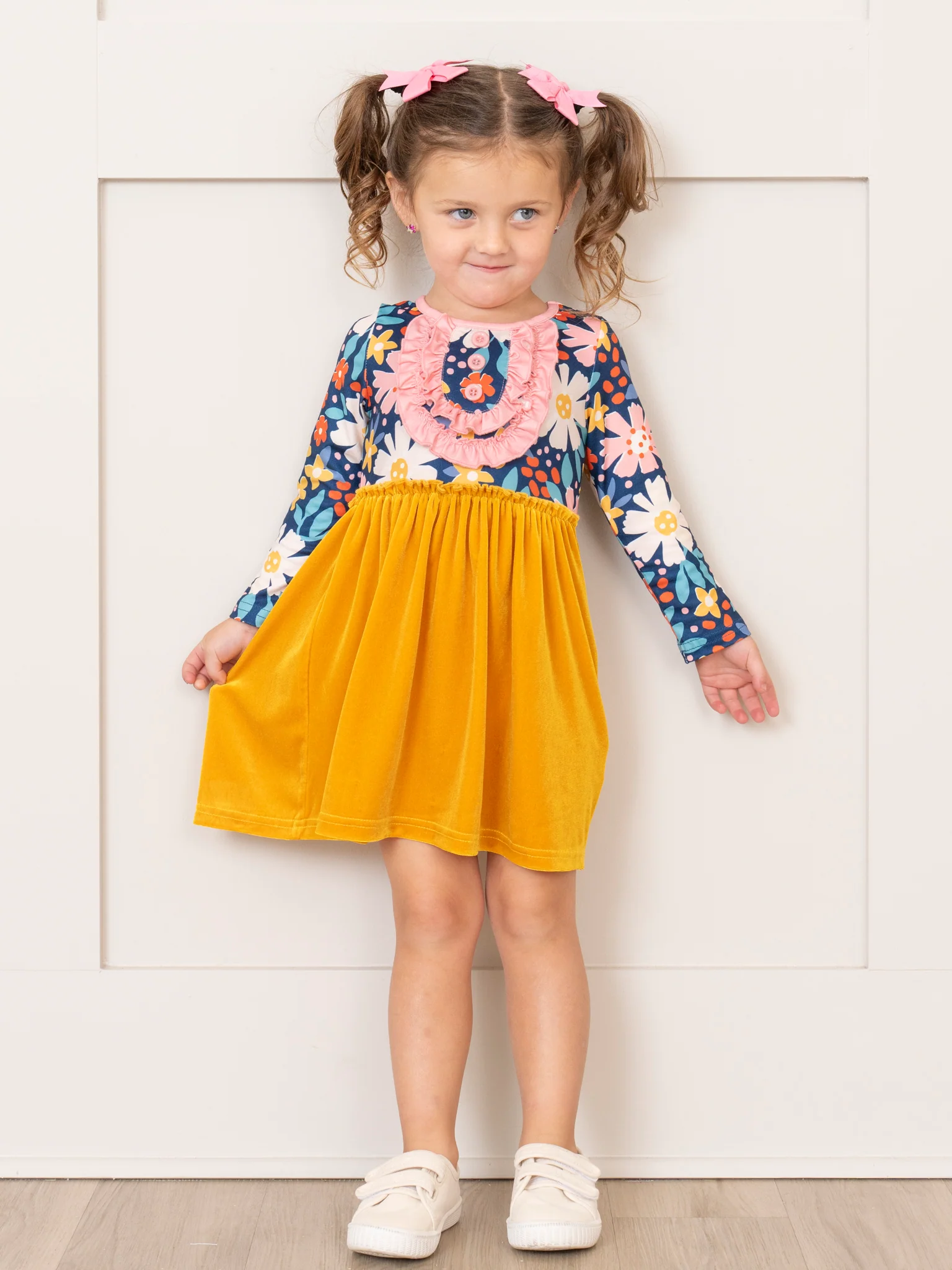 Yellow Velvet & Pink Floral Ruffle Dress - Image 3