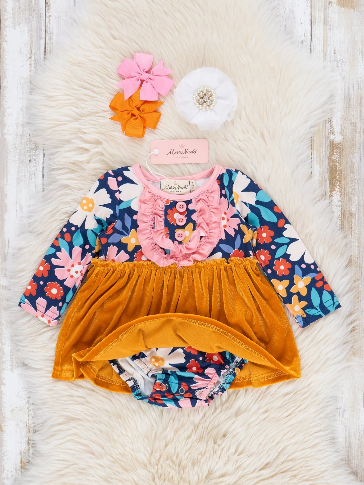 Yellow Velvet & Pink Floral Ruffle Bubble Romper - Image 2