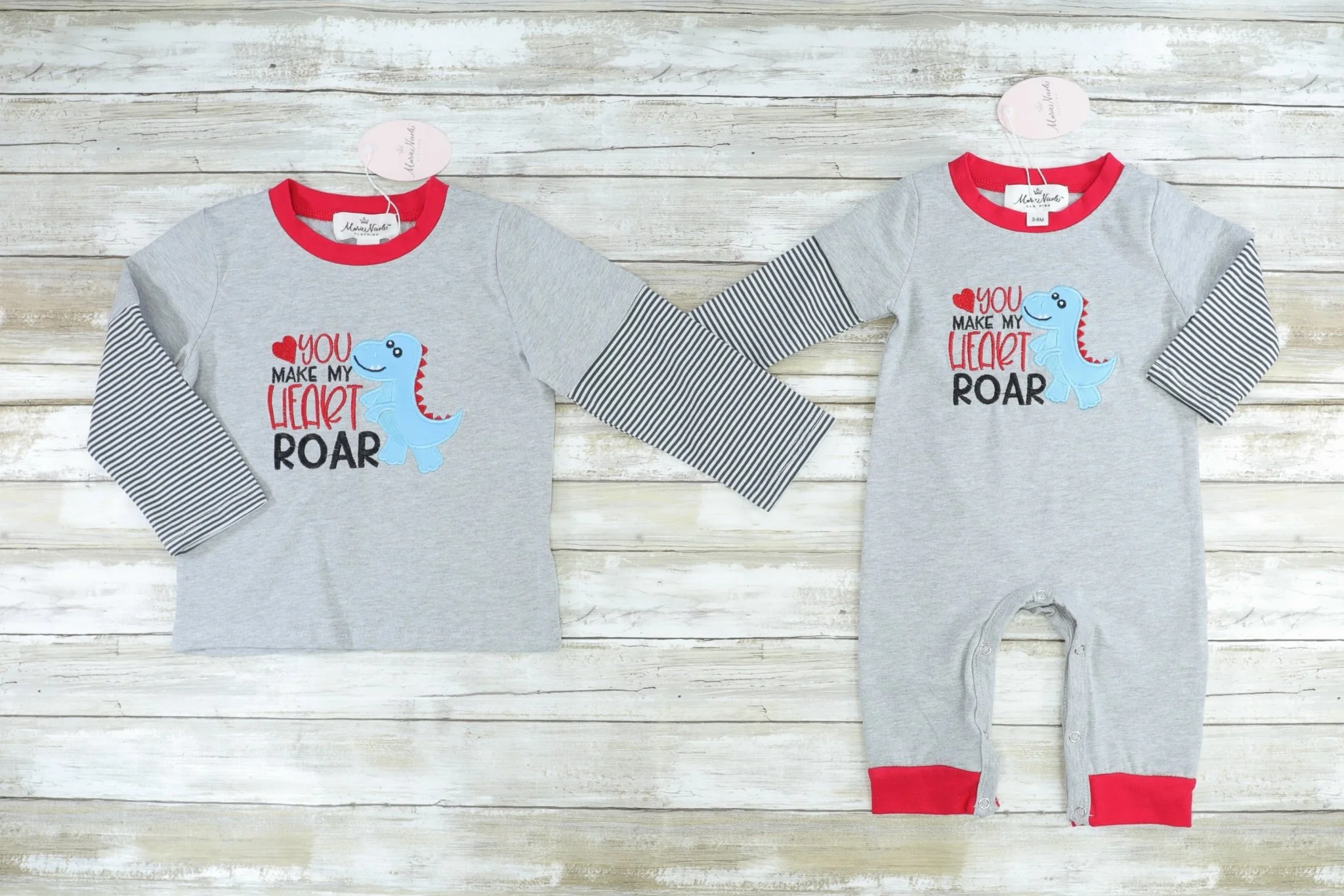 You Make My Heart Roar Gray Striped Romper - Image 2